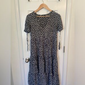 Madewell Black and White Tie Sleeve Floral Midi Dress